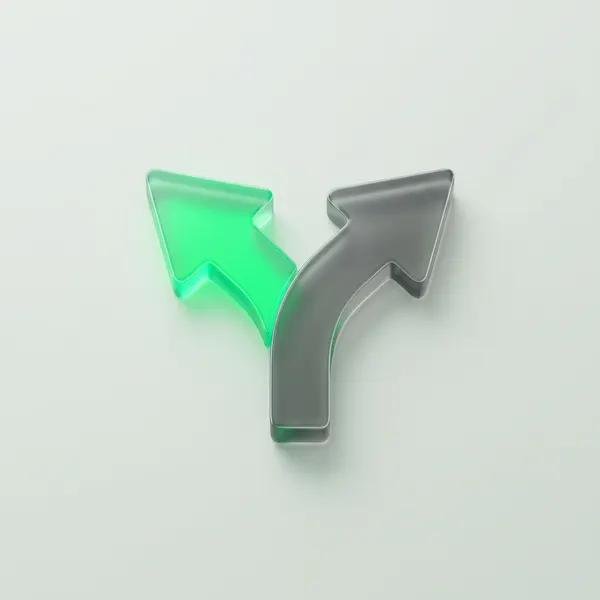 A frosted-glass arrow that splits into two branches, one of them green